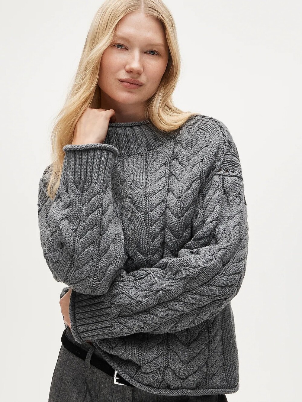 J. Crew 2025 Rollneck Sweater Cable Knit Heather Carbon Gray 100% Cotton Medium